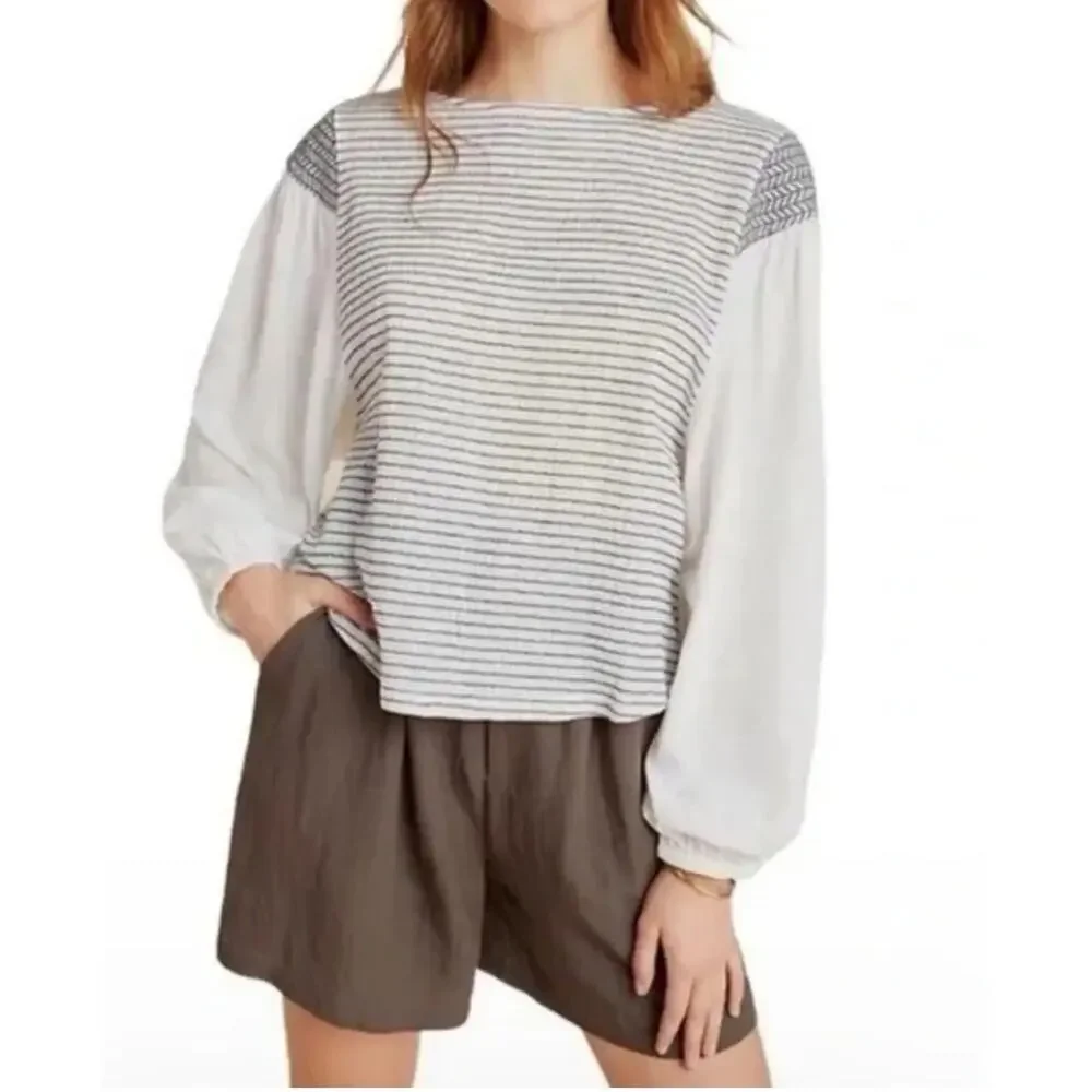 Anthropologie Aiden Textured Striped Top White Size M Balloon Puff Sleeve